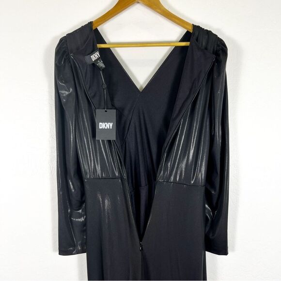 DKNY Dress Side Ruched Jersey Long V-neck Surplice Dress Faux Leather Look 6 NWT - Picture 10 of 16